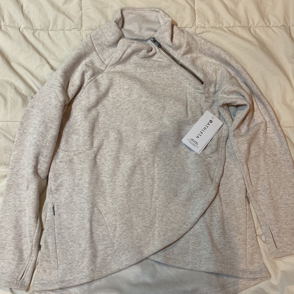 NEW! Athleta Cozy Karma Asym Pullover in “Toasted Brown Heather”looks white/tan. - Picture 4 of 9